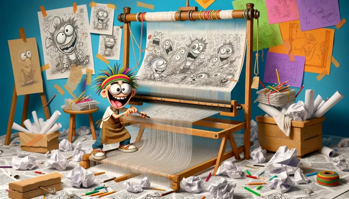 A cartoonish monster paints insane content on a loom with newspapers scattered about.