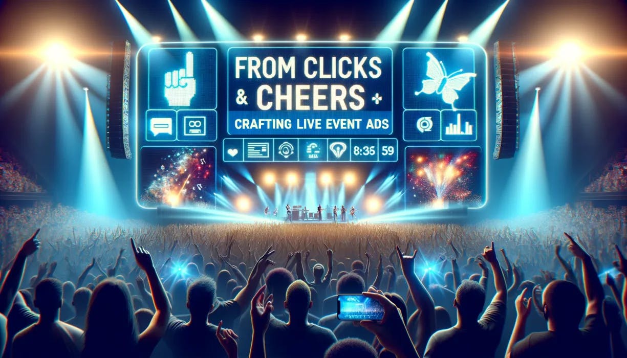 A lively crowd cheers on a band on stage that displays fireworks and neon signs stating "from clicks & cheers to live event ads".